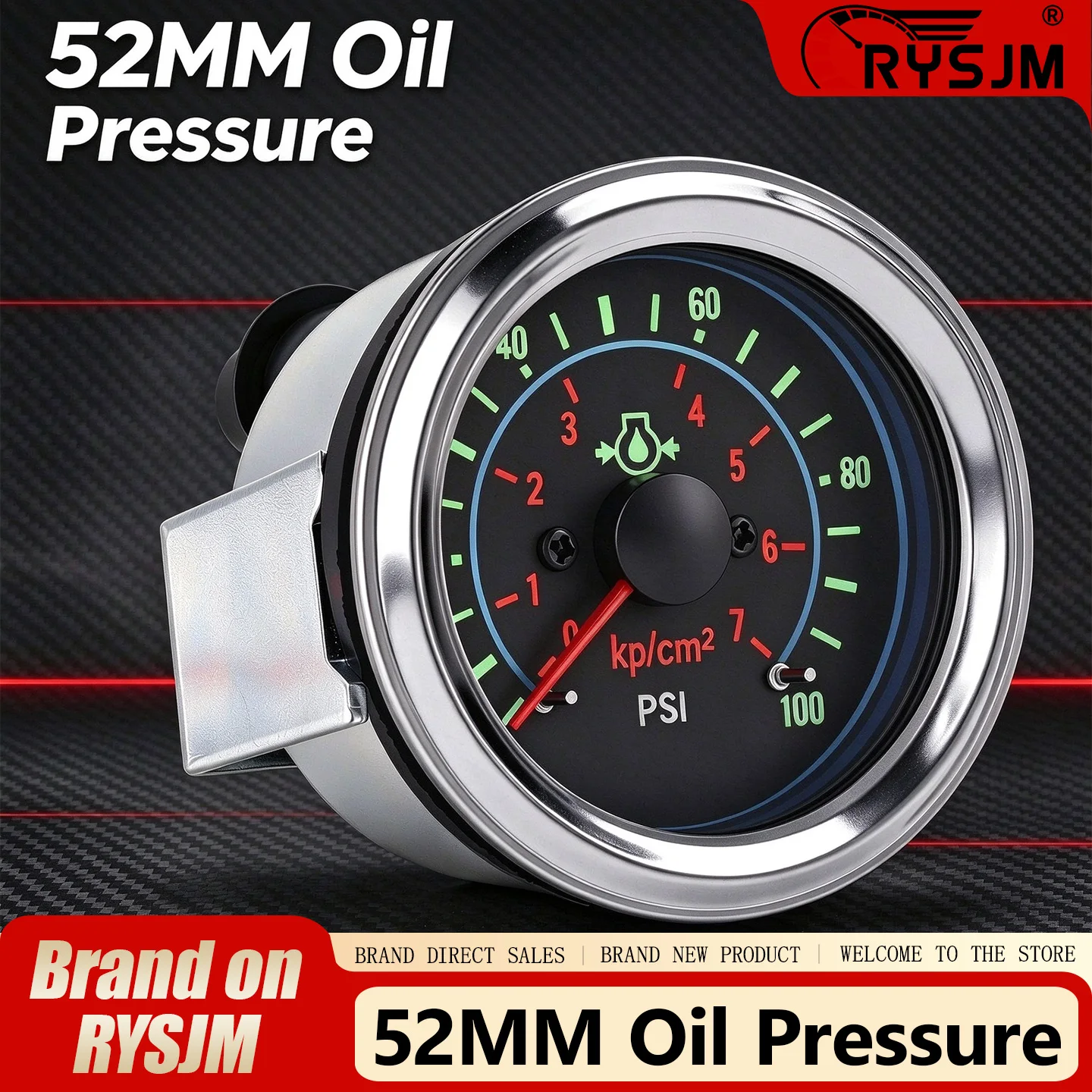 52mm 2 Inch Oil Pressure Gauge 0-100PSI 0-7kg/cm² 12V Universal Car Oil Pressure Indicator Meter with Backlight for Vehicle Car