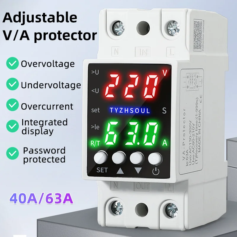 40A 63A Din Rail Dual Display Adjustable Over Voltage Current and Under Voltage Protective Device Protector Relay 2P Protector