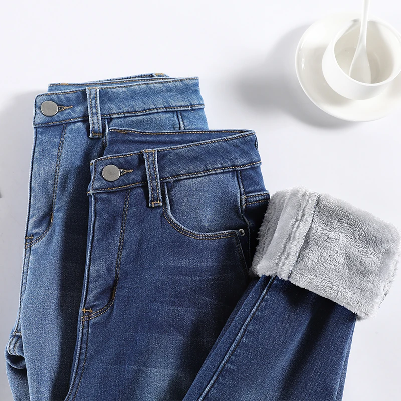 Frauen Kleidung Plüsch Jeans Stretch Verdickte Fleece Mode Denim Hosen Casual Blau Dünne Vintage Hosen Weibliche