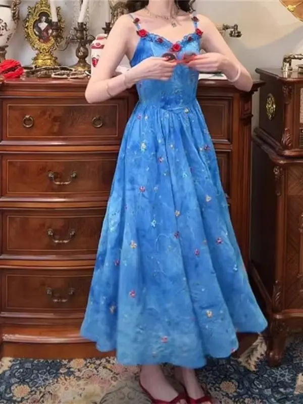 2025 verão novo azul praia vaion sle feminino Dr ter Ne estampa floral maxi saia cintura alta linha A silhueta poli...