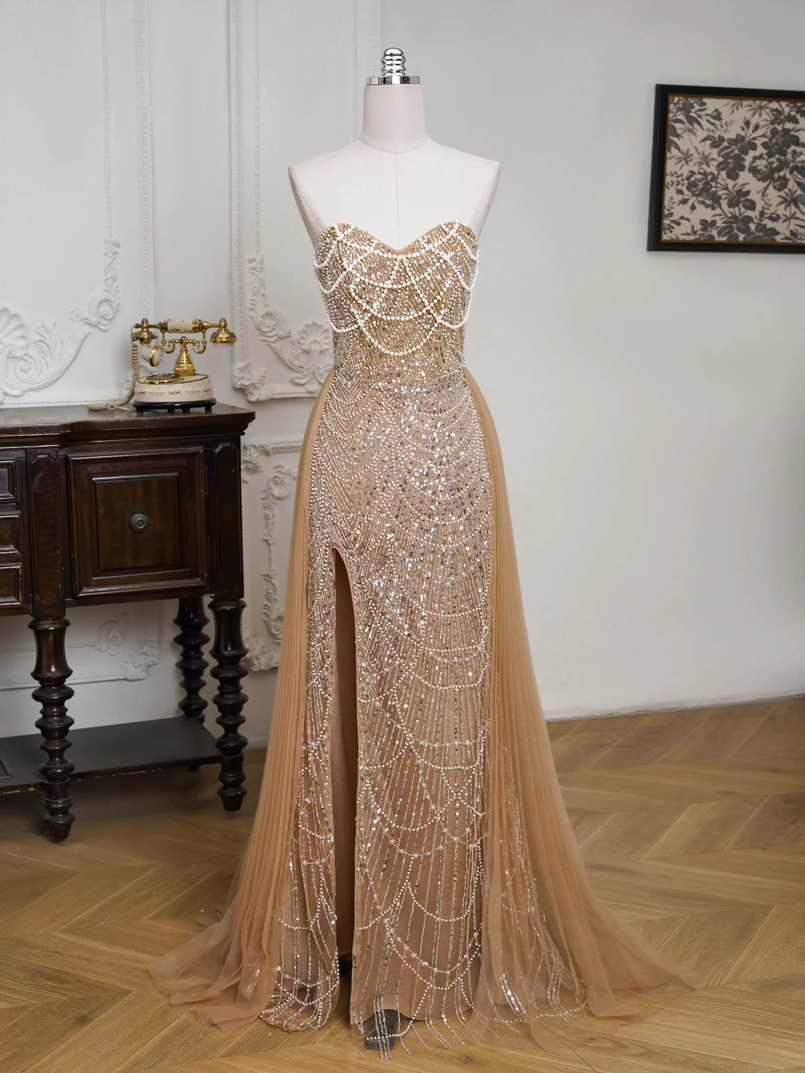 Multi- Colors Luxury Crystal Pearls Evening Dresses Sexy Beading Arabic Prom Dress Slit Formal Occasion Wedding Dress Customized image 4