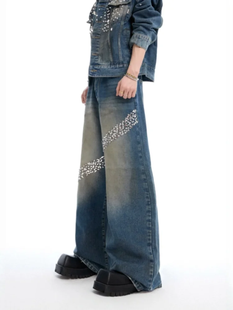 2025 Cyber Y2K Style Vintage Blue Hot Fix Rhinestone Baggy New Jeans Pants For Men Clothing Straight Denim Trousers Ropa Hombre