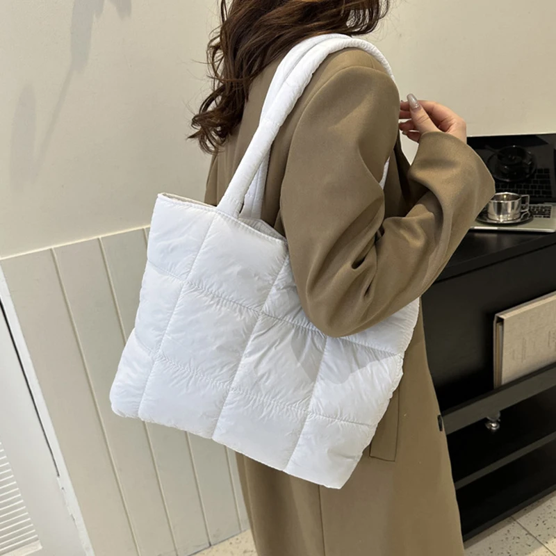 Puffer Tote Bag For Women Cotton Padded Shoulder Bag Large Capacity Ladies Puffy Handbags Pikowana torba na zakupy do pracy