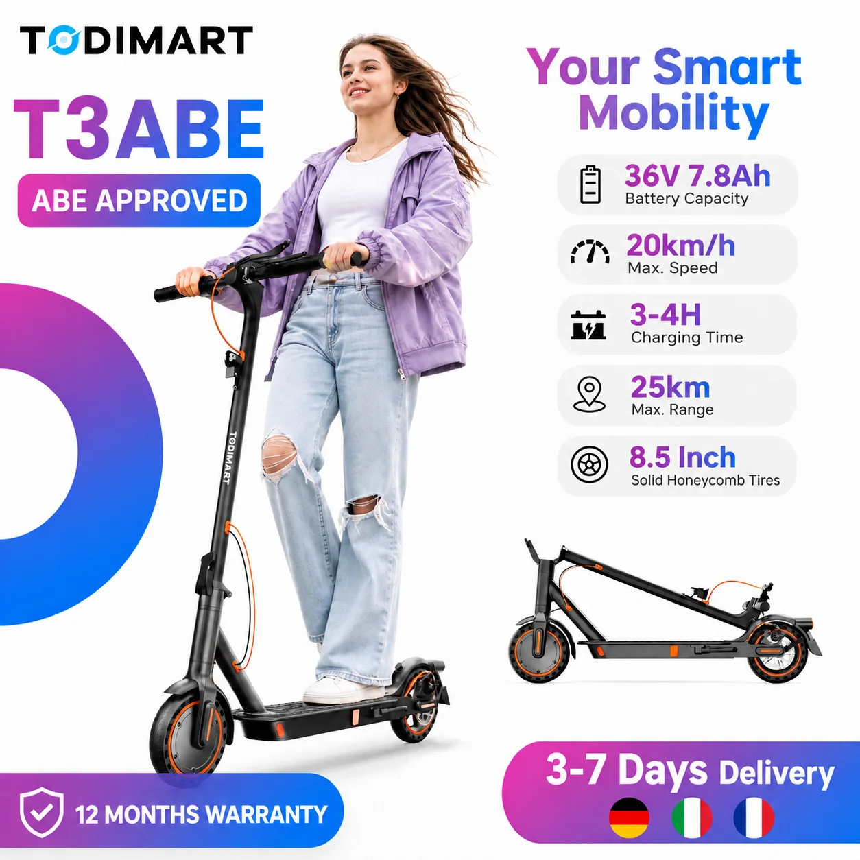 TODIMART T3B, patinete eléctrico para adultos, batería de 36 V y 7,8 Ah, tiempo de carga de 3 a 4 horas, autonomía de 25 km, plegable