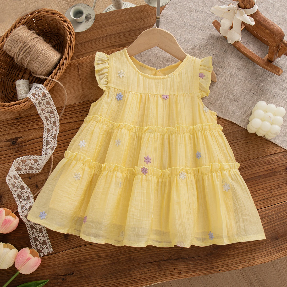 Korean Style Trend Sweet Flowers Embroidery Birthday Party Baby Girl Dress Summer Thin Short Sleeves Crew Neck Toddler Dress