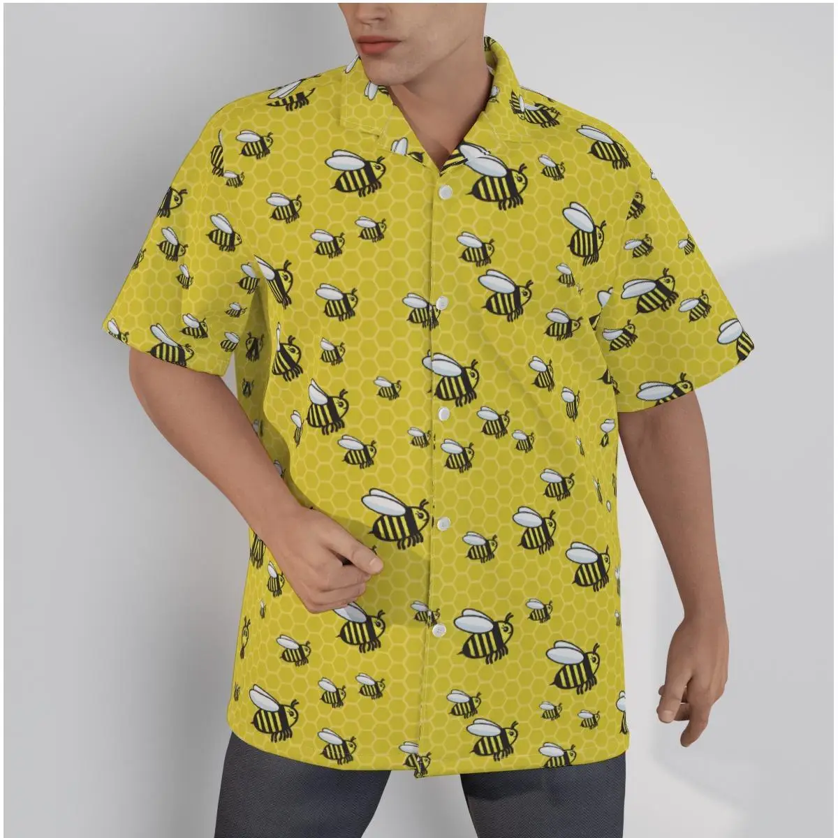 Camisa de manga curta praia com estampa de pato havaiano, blusa em patchwork de botão, casual, amarela, verão