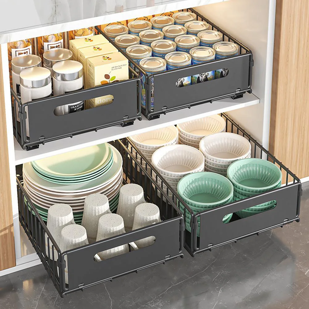 

1/2Pcs Expandable Pull-out Cabinet Organizer for the Kitchen Drawers, Sturdy Roll-out Storage Basket with Adhesive Film