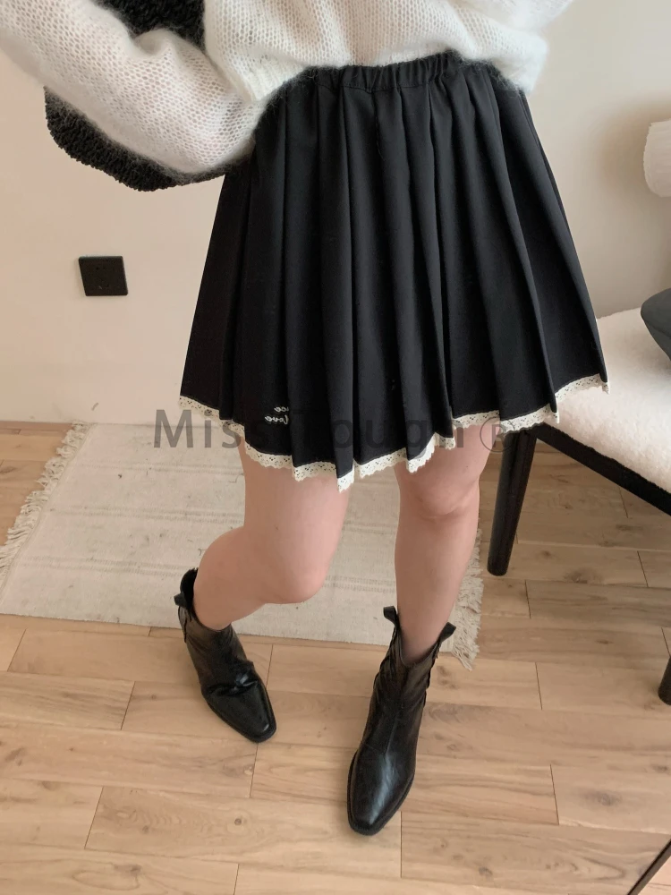 Harajuku Y2k Embroidered Pleated Skirt Women Solid Sweet Lace Patchwork Loose Skirts Korean Fashion Design Casual Clothes Winter