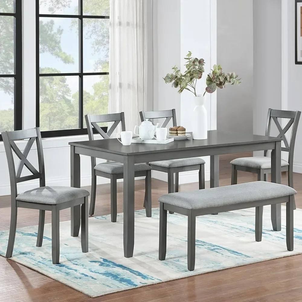 Dining Table Set for 6,Farmhouse Kitchen Table Set with 4 Upholstered Chairs and 1 Bench,Solid Wood Dining Table Set for Kitchen