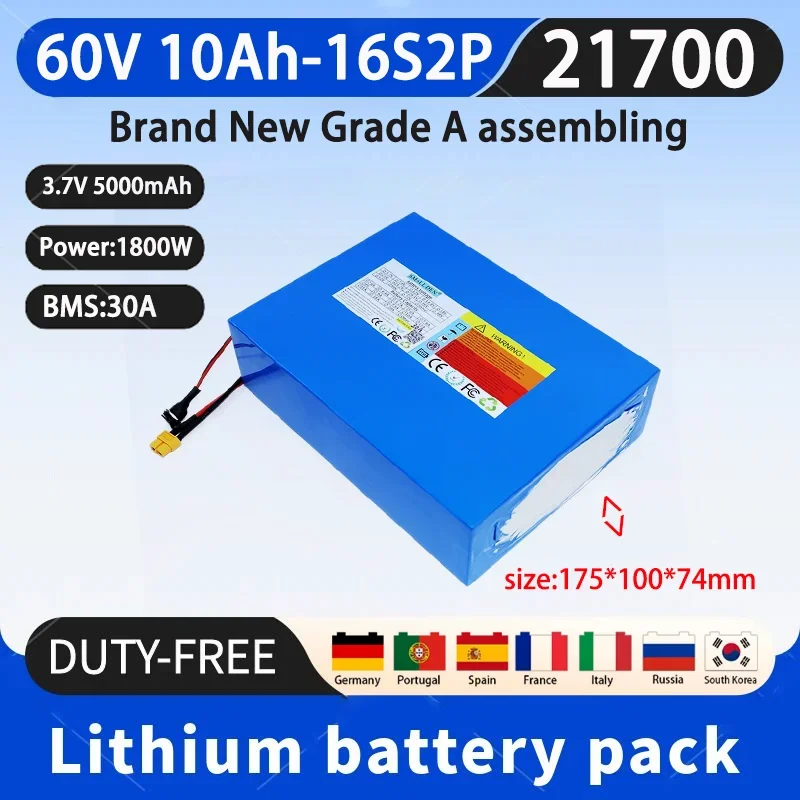 New 60V 10Ah 21700 16S2P lithium battery pack 1800-2000W outdoor backup battery for power tools with 30A BMS+67.2V 3A charger