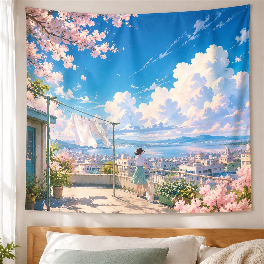 VIKAMA Rooftop Laundry Anime Tapestry Wall Hanging, Cinematic Anime Wall Decor Tapestries for Bedroom Living Room Study Dorm