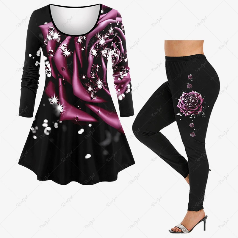 Valentine\'s Day Long Sleeves T-shirt Or Leggings Matching Set 3D Rose Flower Galaxy Rhinestone Heart Glitter Sequin Print