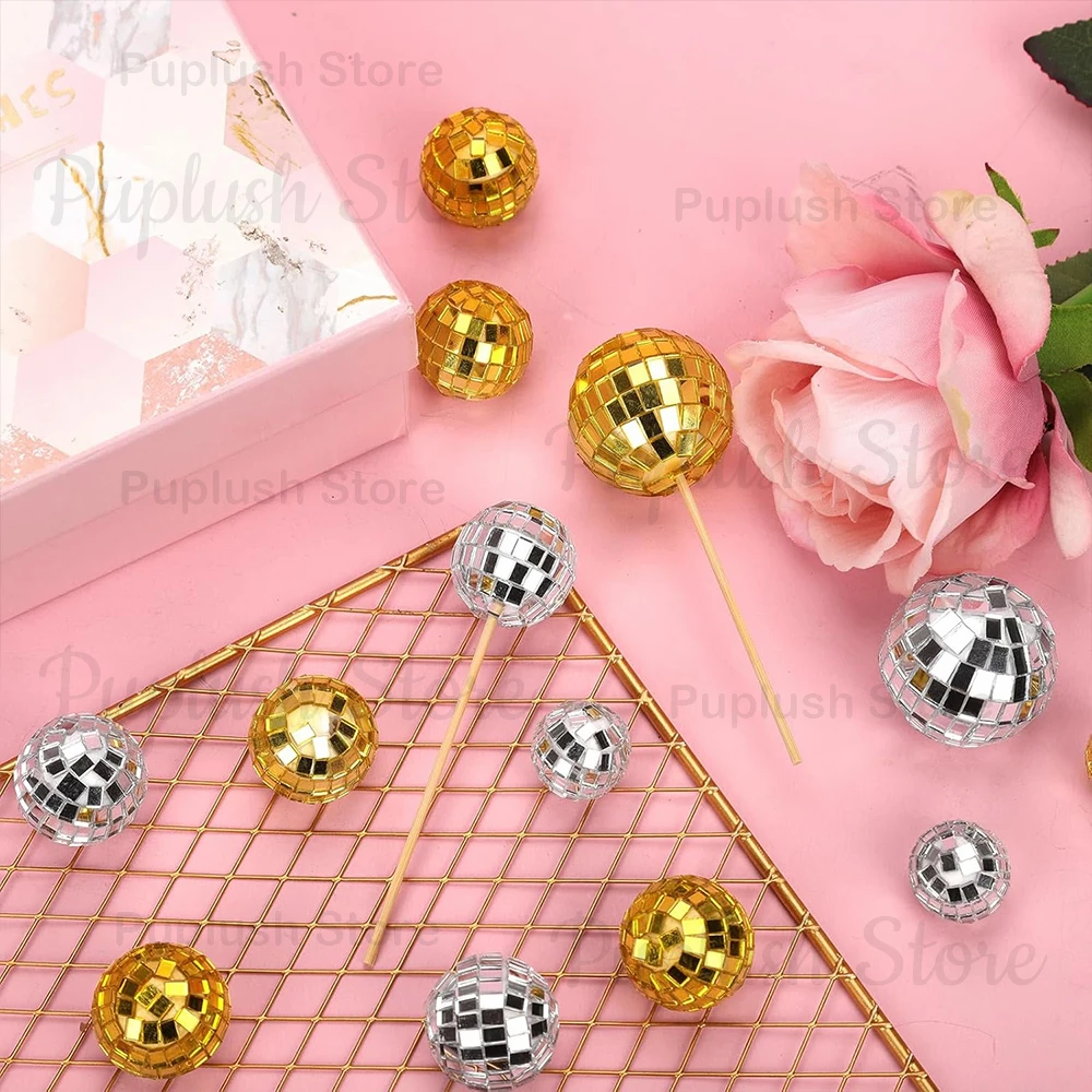 34-teiliges Disco-Kugel-Cupcake-Topper-Set, Spiegel-Silber, Gold, Pink, 70er Retro Kuchendekoration für Disco-Themen-Geburtstagsfeiern – Detail 10