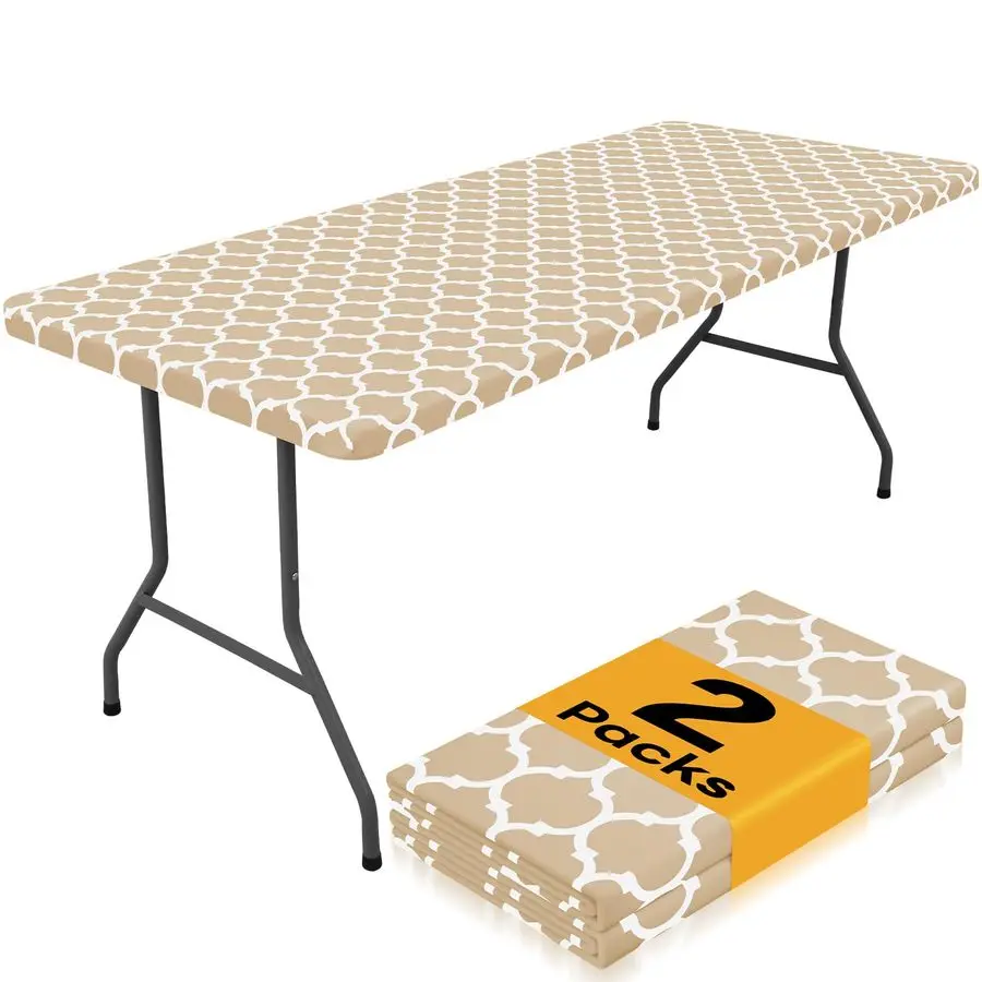 

2 Pack Rectangle Table Cloth 8 Foot, Waterproof Elastic Fitted Tablecloths, Windproof Washable Polyester Table Cover for Picnic,