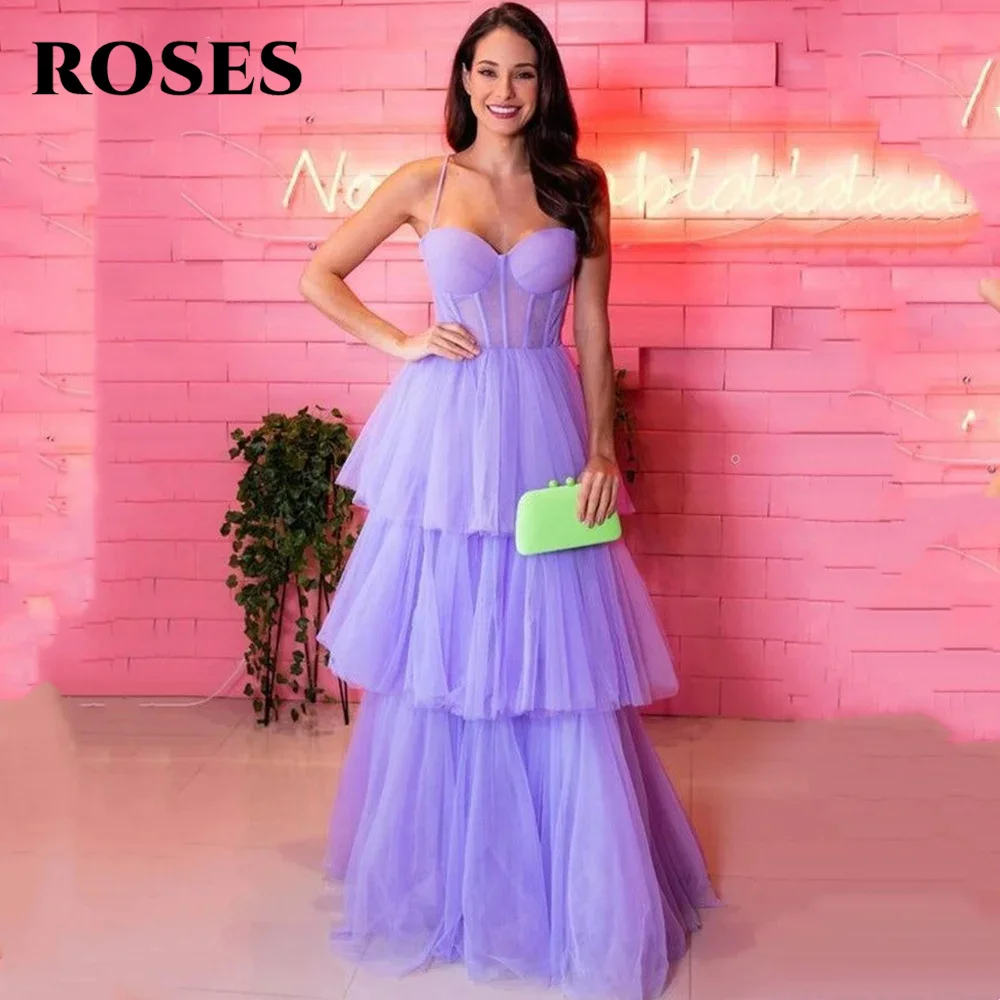 

ROSES Spaghetti Strap Long Party Dresses Purple Tiered Layer Vintage Night Dress Sweetheart Celebrity Dresses vestidos de fiesta