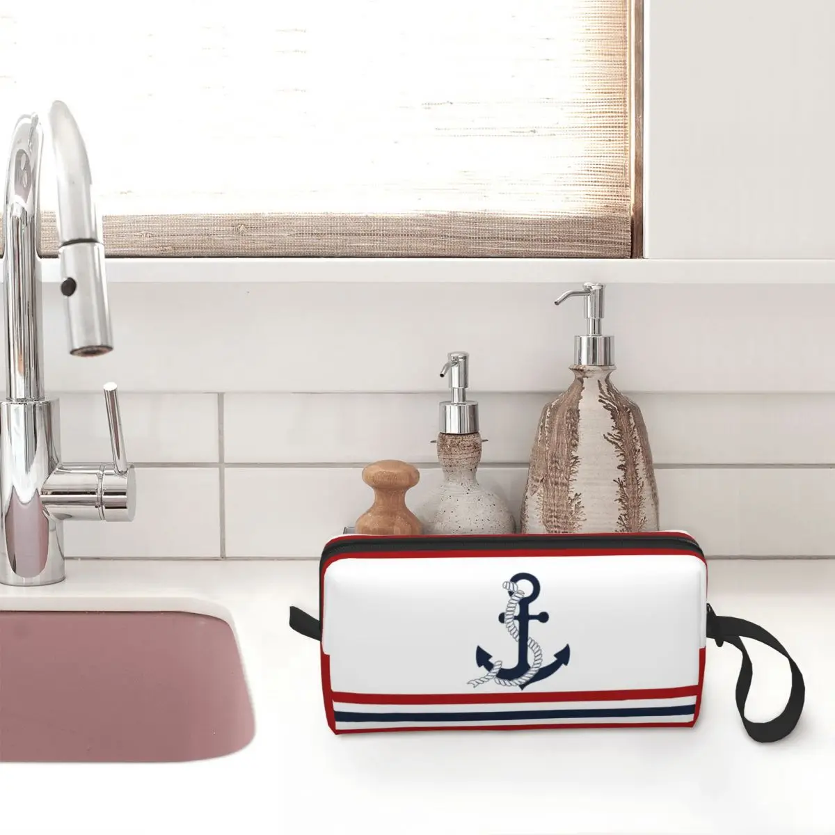 Custom Nautical Blue Anchors With Stripes Toiletry Bag Women Sailing Sailor Makeup Cosmetic Organizer Storage Dopp Kit Case