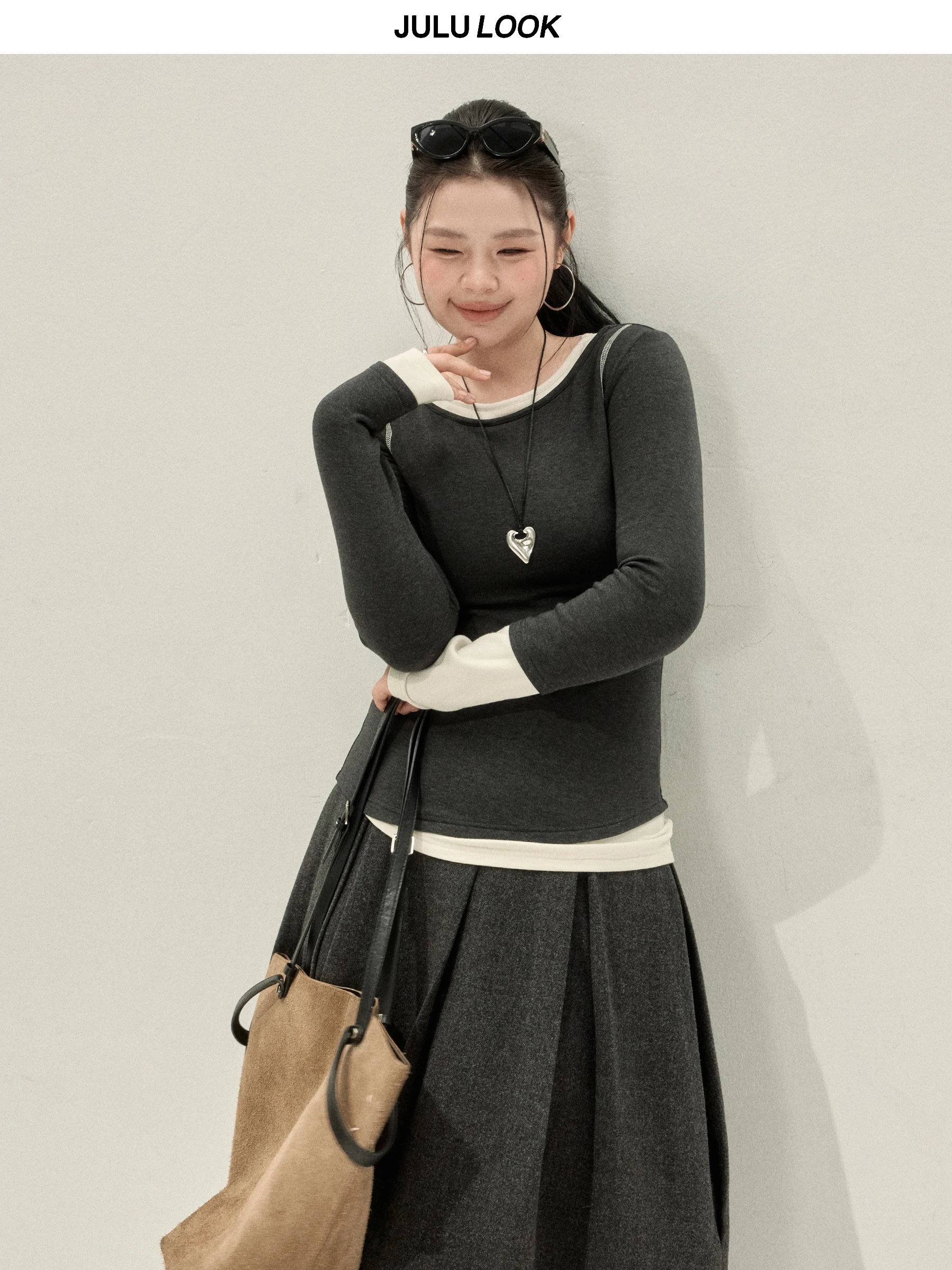 Jululook Studio Slim Fit Long Sve Inner Wear para mulheres plus size, design casual de duas peças, outono inverno