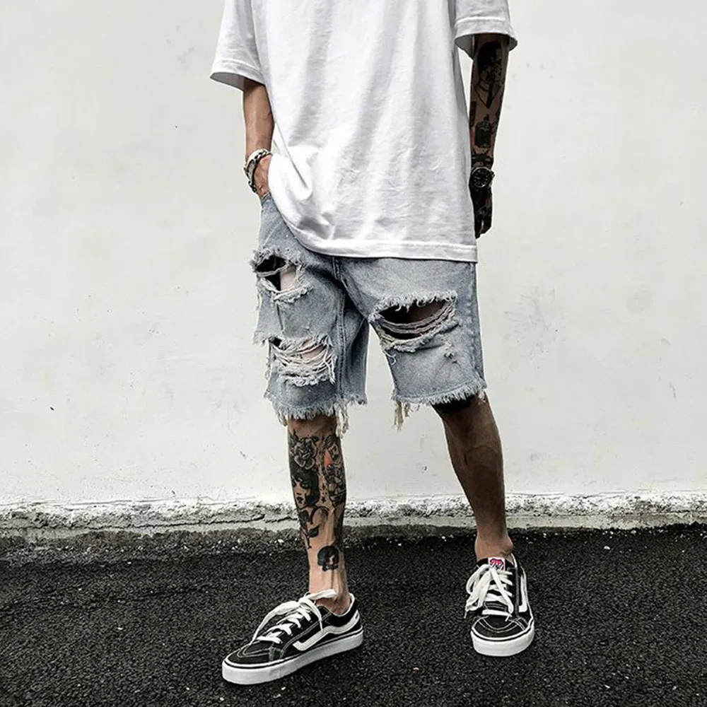 Mens Y2k Unique Shorts 2024 Summer New Fashion Trend Ripped Jeans Loose Large Size Shorts High Quality Old Retro Casual Shorts