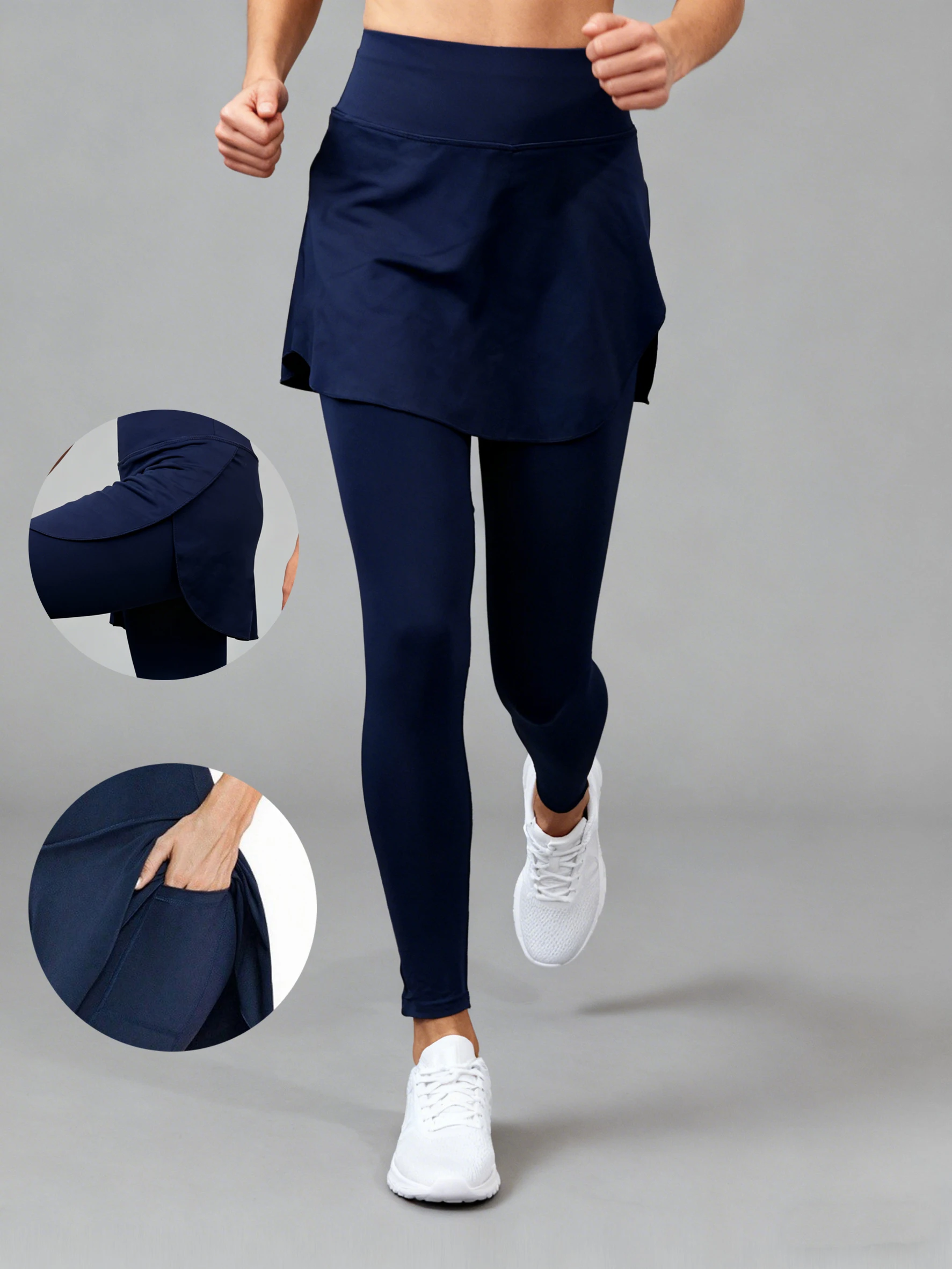 Ladies High-Waist Fake Two-Piece Sports Skirt Pants High Elasticity Breathable Anti-Light Running Trousers with Pockets