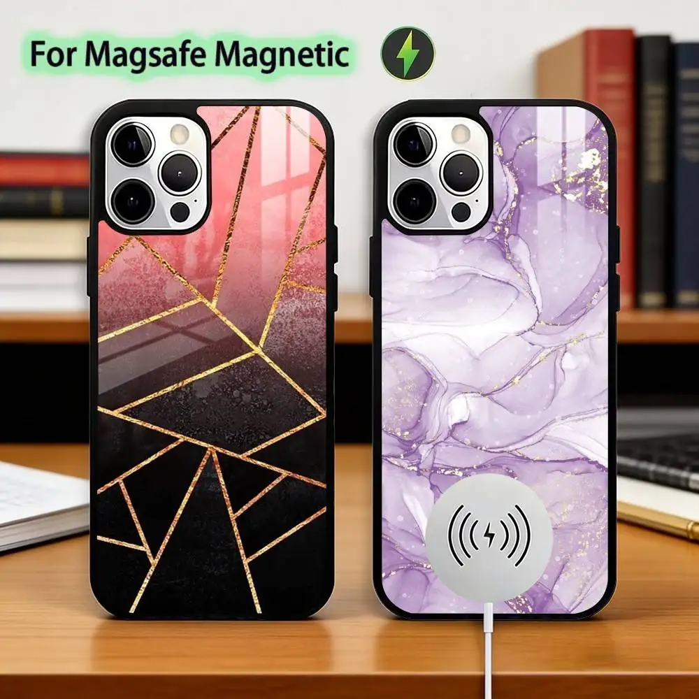 Fashion Geometric M-Marble Phone Case For iPhone17,16,15,14,13,12,11 Plus,Pro Magnetic with Magsafe Wireless Charging