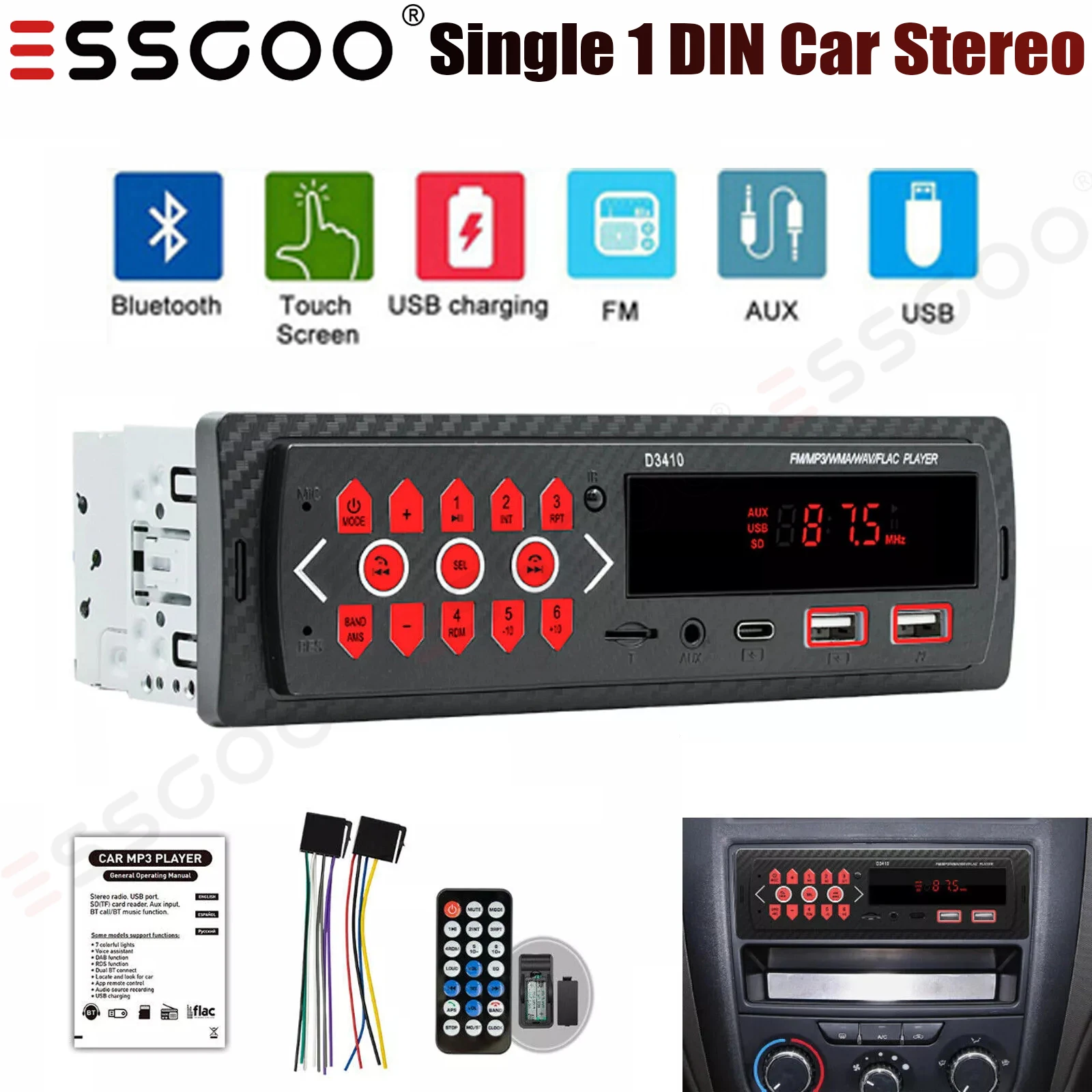 

ESSGOO Single 1 DIN In-Dash Car Stereo w/ Bluetooth/USB/Type-C/SD/MP3/FM Radio AUX-IN Hands-Free Calling Head Unit Audio