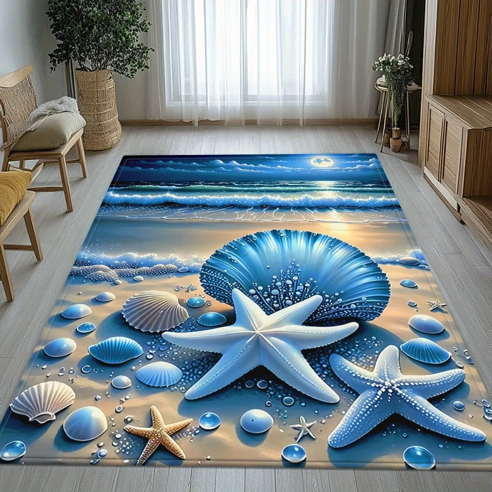 HD Seashells Beach Printed Carpet for Bedroom Living Room Camping Picnic Soft Non-Slip Washable Bathroom Mat Home Decoration