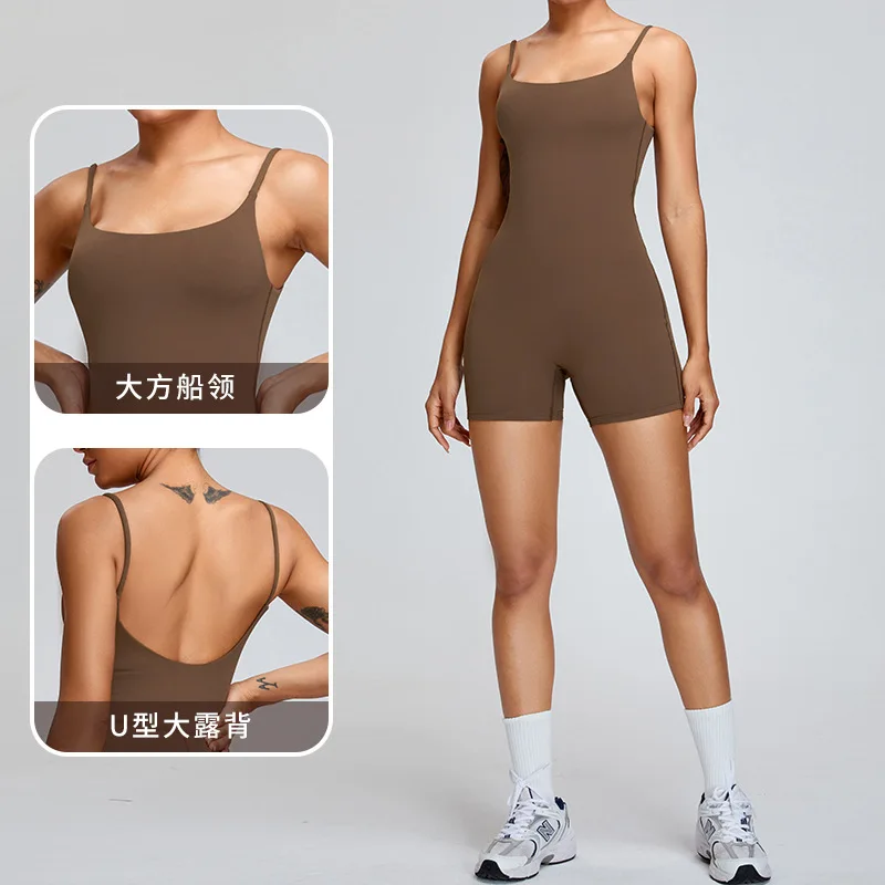 European and American new spring and summer nude-feeling yoga suspender jumpsuit women's high-strength dance fitness sports