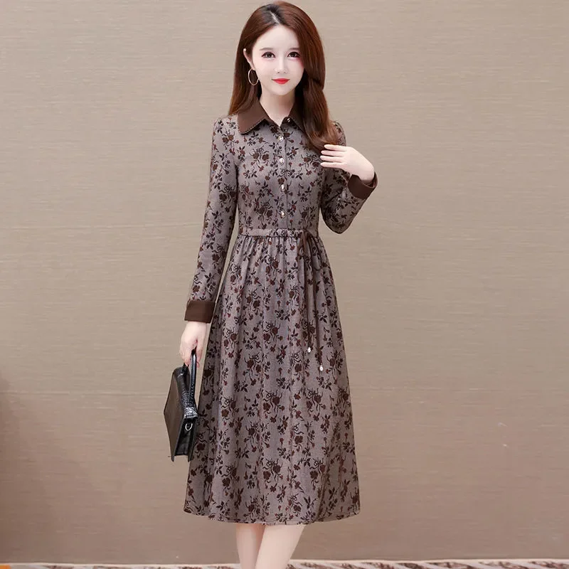 

Elegant Floral Print Midi Dress With Polo Collar And Button Front For Women Autumn Vintage Style A Line Fit Regular Length