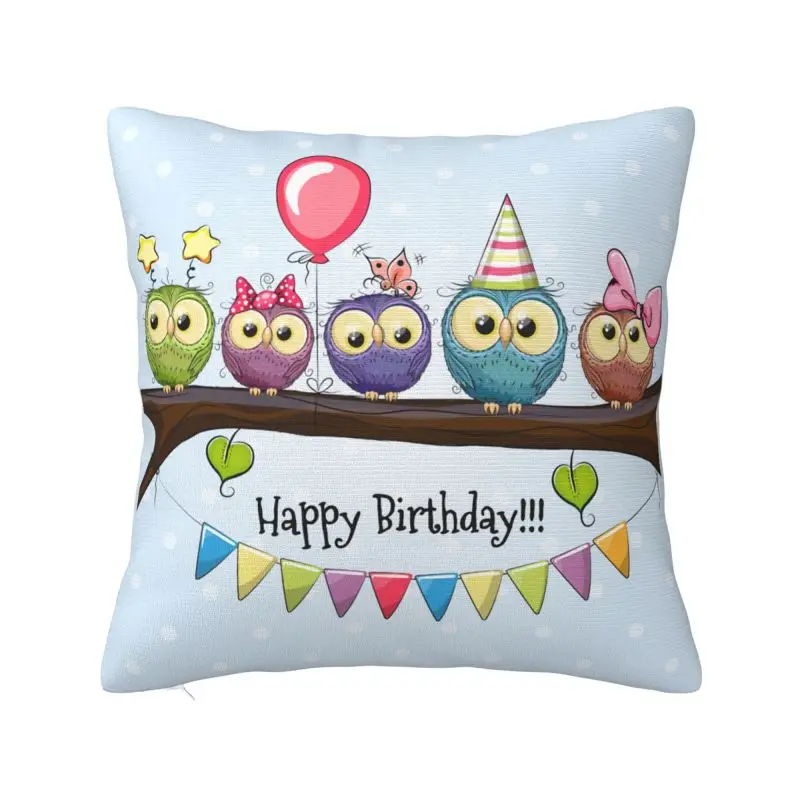 Custom Nordic Cartoon Owl Family Happy Birthday Cushion Cover Soft Animal Pillow Case Living Room Decoration