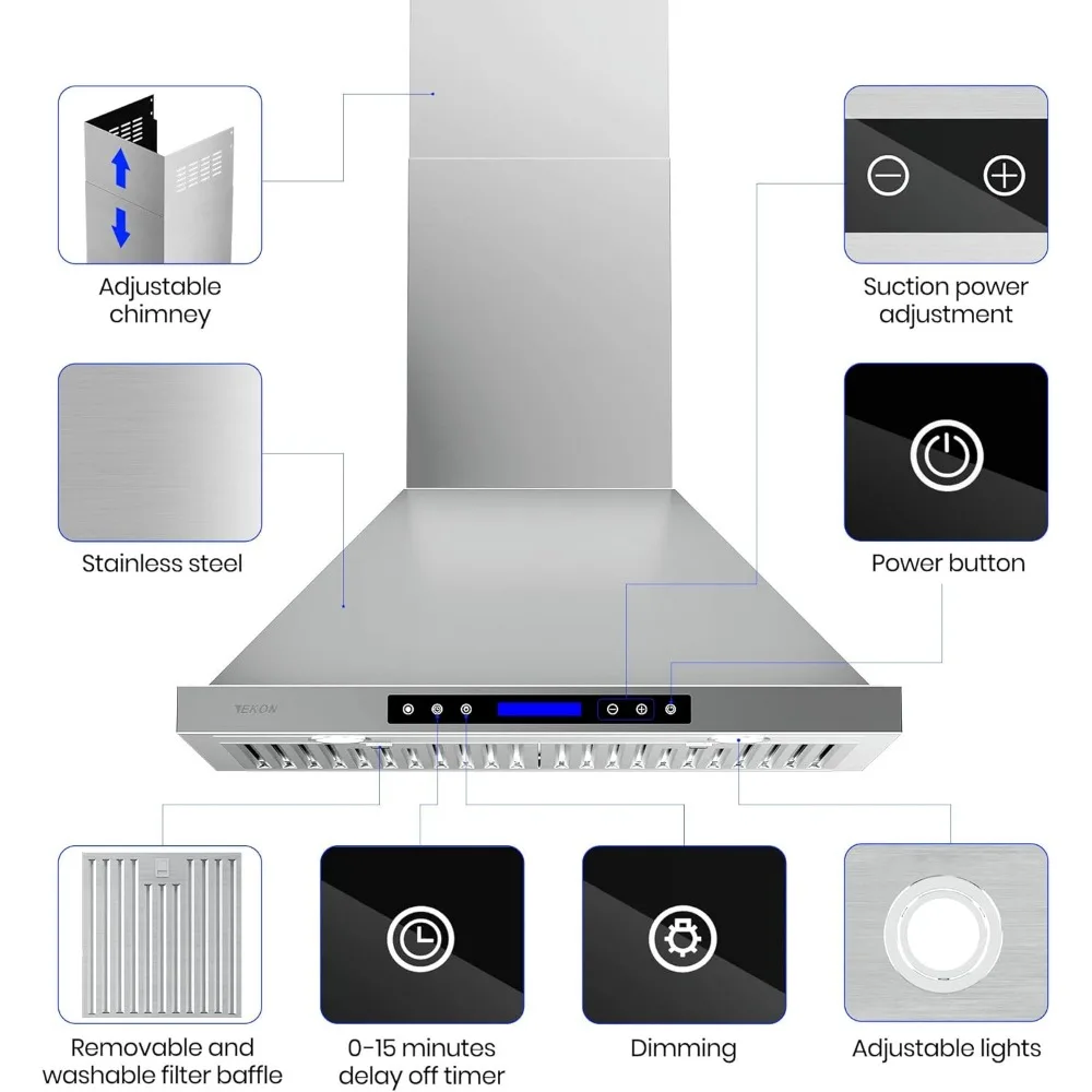 Mesin atap atap dinding NAP02 900CFM Range Hood Ducted/ducless Convertible ventilasi cerobong asap dapur, 4 kecepatan