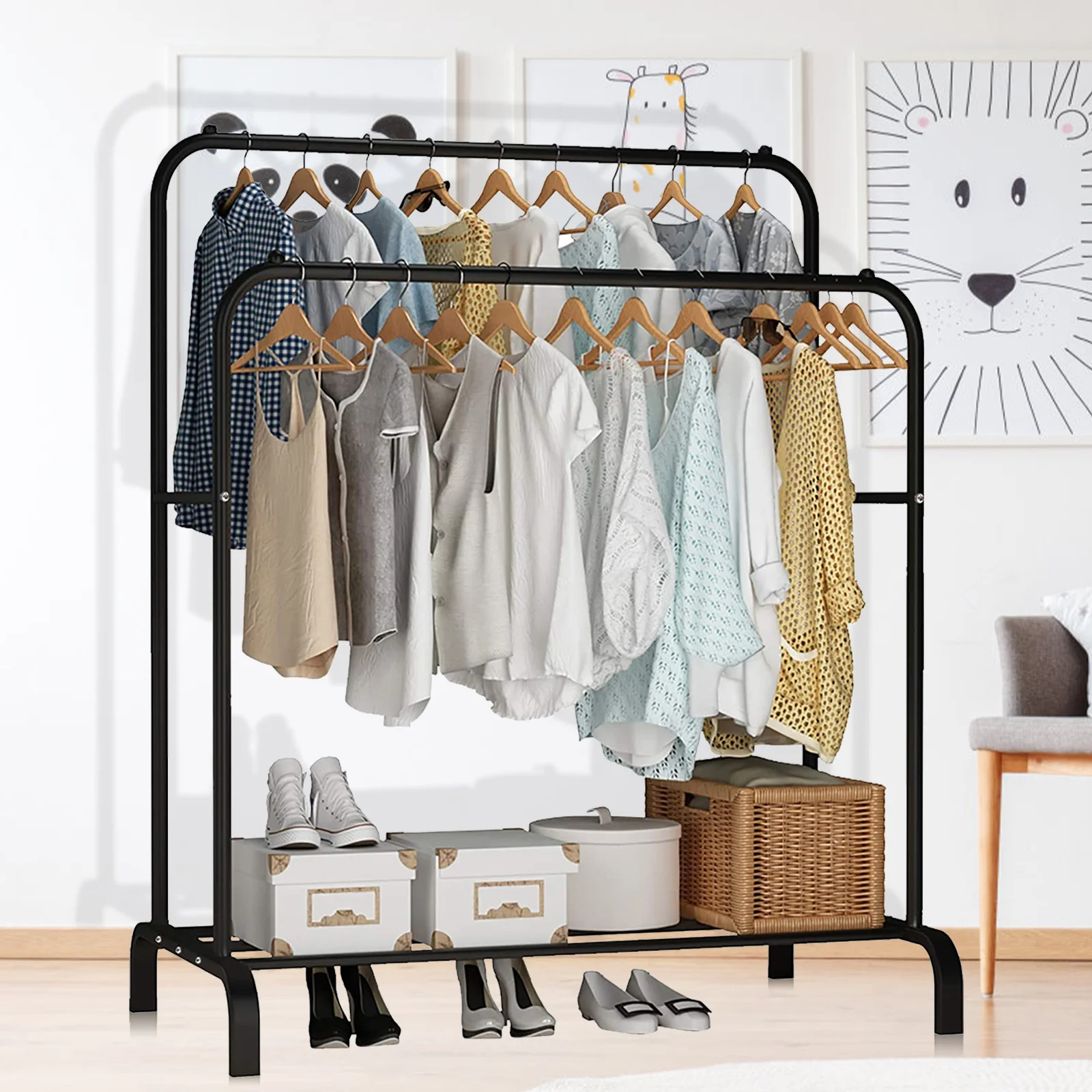

Clothes Rack Double Rods Multi-functional Freestanding Bedroom Clothing Rack Metal Clothing Garment Rack with Wheel/Shelves