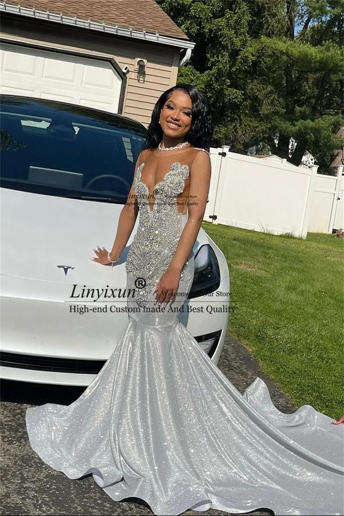 Customized Long Silver Mermaid Prom Dress With Luxury Beaded Crystals Evening Gowns Sexy Black Girls Party Robes De Soiree