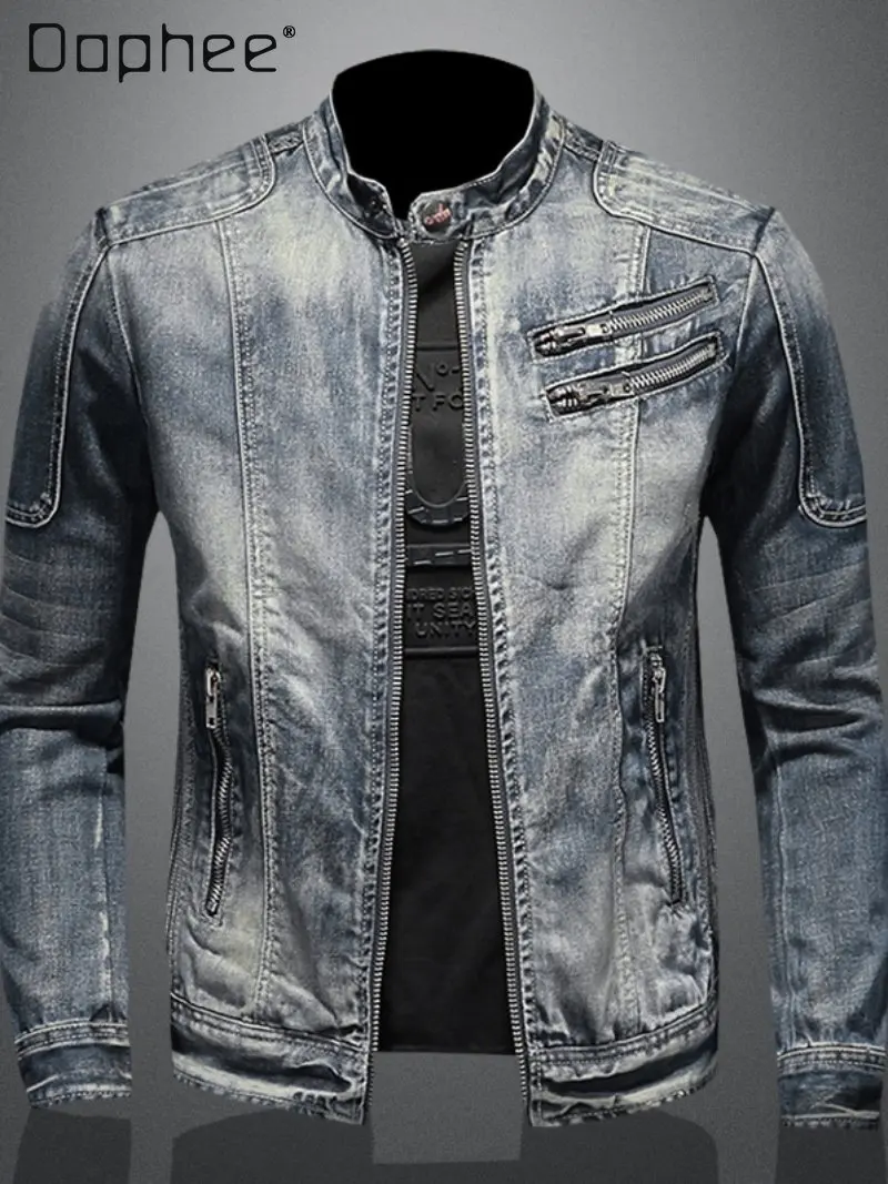 2026 Spring and Autumn New American Retro Style Men's Loose Casual Motorcycle Stand Collar Zipper Blue Denim Jacket