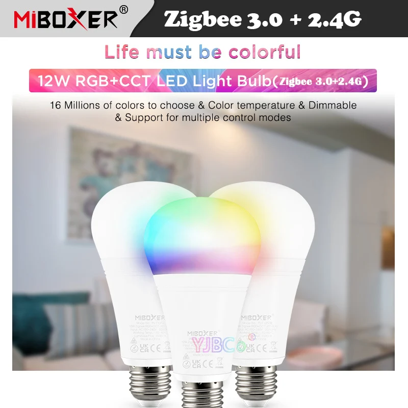 Miboxer 12W RGB+CCT LED Bulb E27 Smart Light DMX512 FUT105ZR 2.4G switch/Zigbee 3.0 Remote/tuya APP/Voice Control 110V-220V AC