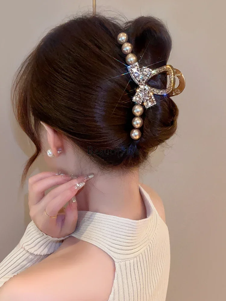 Pearl Rhinestone Bow Claw Clip, Elegant Hair Pin, High-Grade, Updo, Updo