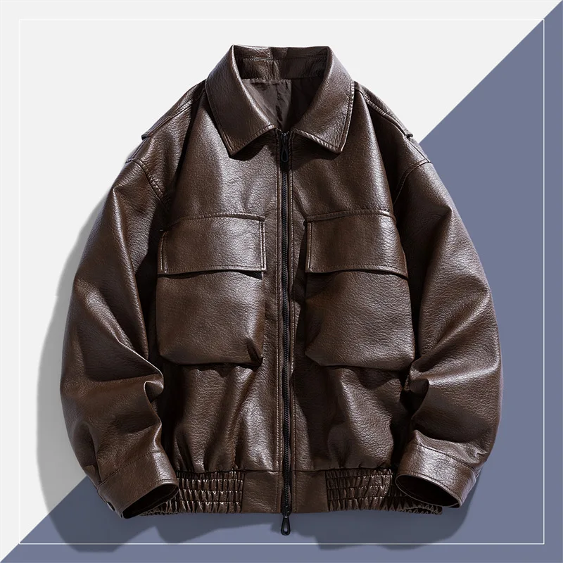 

Mens Lapel Leather Jacket Spring Autumn Korean Style Light Mature Casual Trendy Badass Chic Coat
