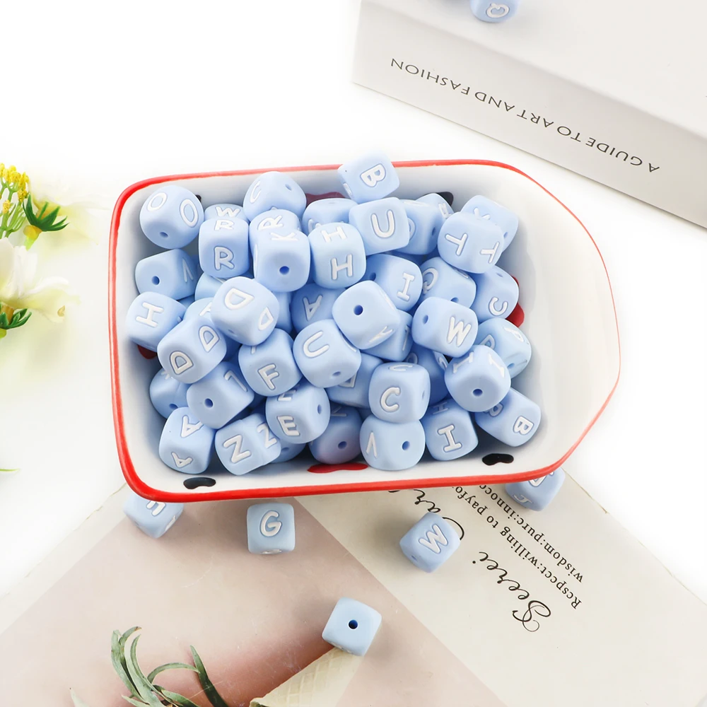 Sunrony  10~100Pcs Silicone Letter Beads 12MM Blue Square Alphabet Spacer Bead DIY Name Bracelet For Jewelry Making