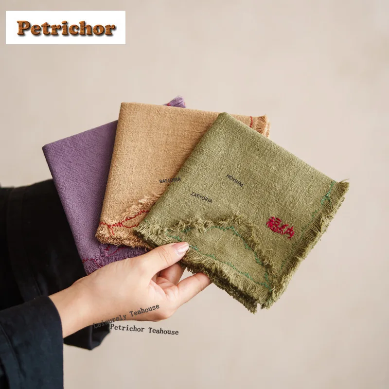 HOYIHM Cotton Linen Hand-sewn Tassel Edges Embroidery Tea Towel Antique Heat Insulated Pad Tea Napkins Tea Cloth Cafes Craft