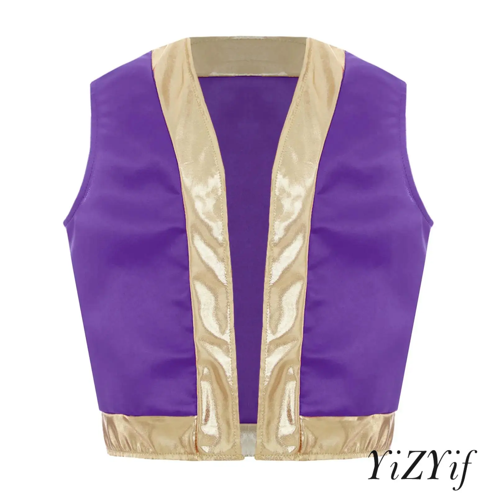

Halloween Kids Boys Arabic Prince Outfit Suit Loose Vest Top And Metallic Shiny Contrast Color Bloomers Harem Pants Costume