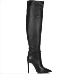 Metallic Chains Ankle Wrap Knee High Boots Women Black Brown Leather Pointed Toe Thin High Heeled Long Bota