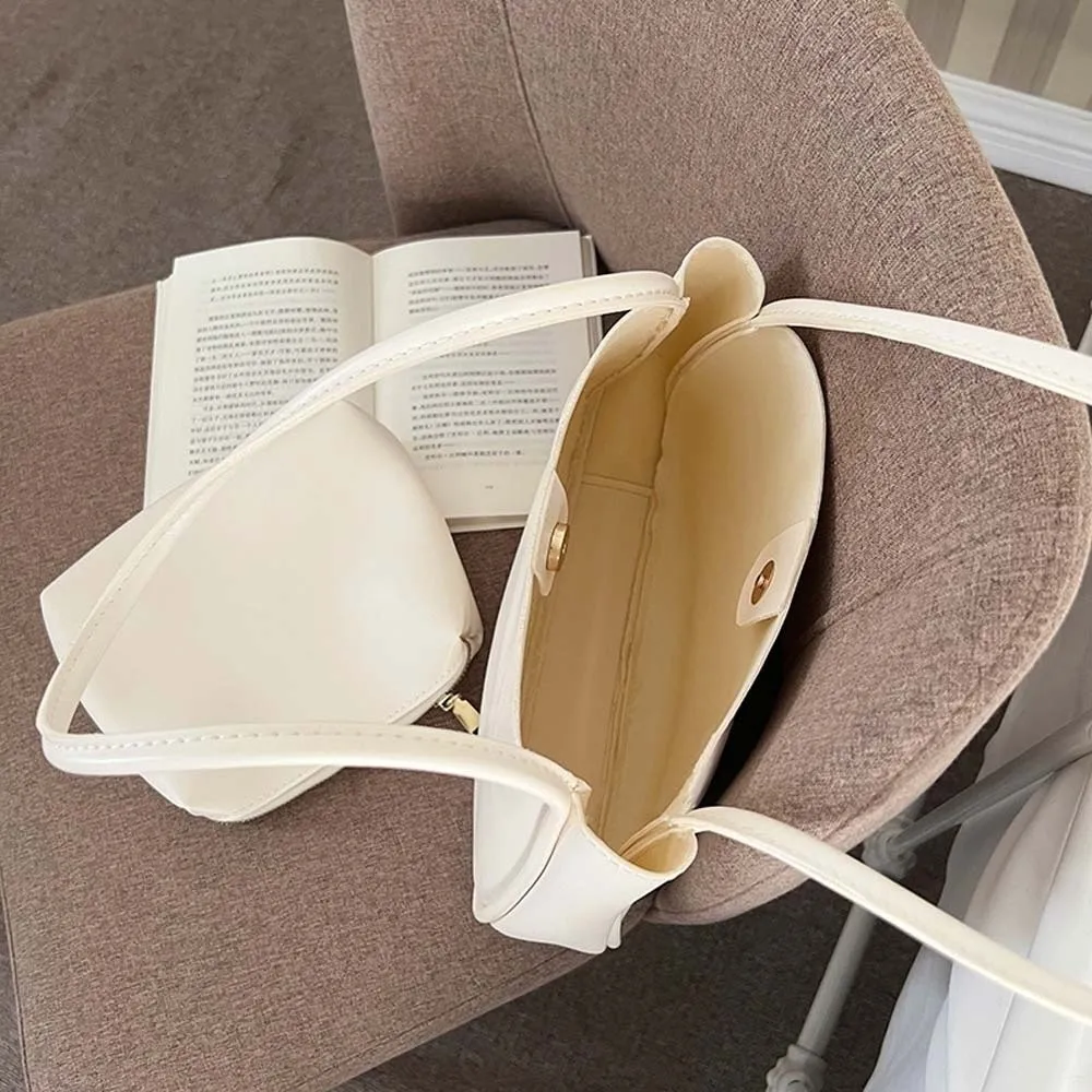 

Elegant Soft PU Tote Bag Anti-splash Water Large Capacity Solid Color Handbag Polyester Magnetic Button French Underarm Bag Work