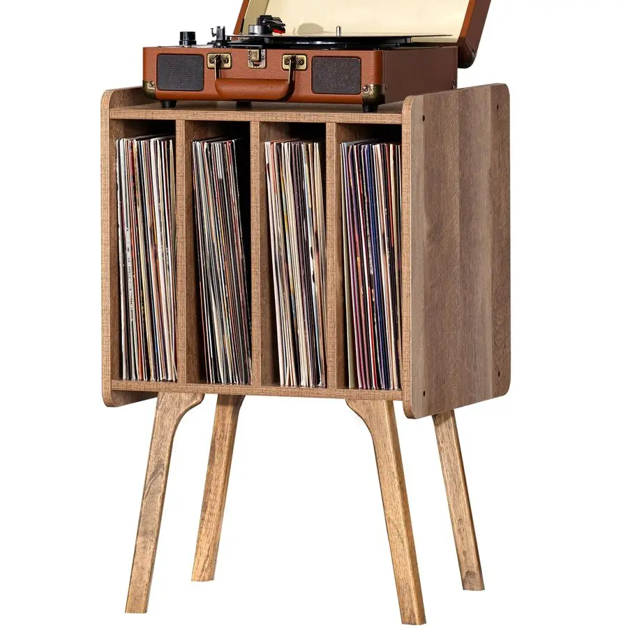 

Record Player Stand,Vinyl Record Storage Table with 4 Cabinet Up to 100 Albums,MidCentury Modern Turntable Stand with Wood Legs,