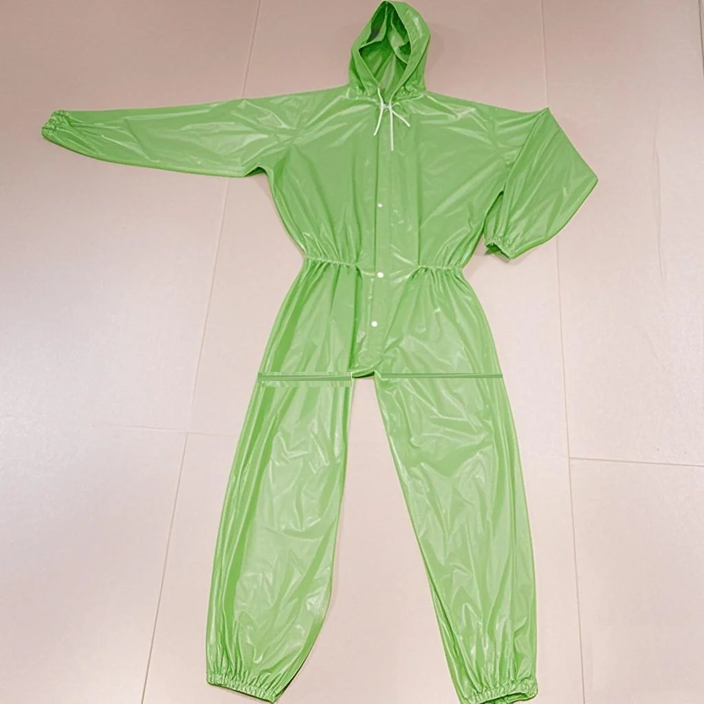 

Man's Jumpsuit Handmake Grass Green Waist Elastic PVC Waterproof Long Sleeve Hooded Rainproof DJ Club Bar Cool Costumes