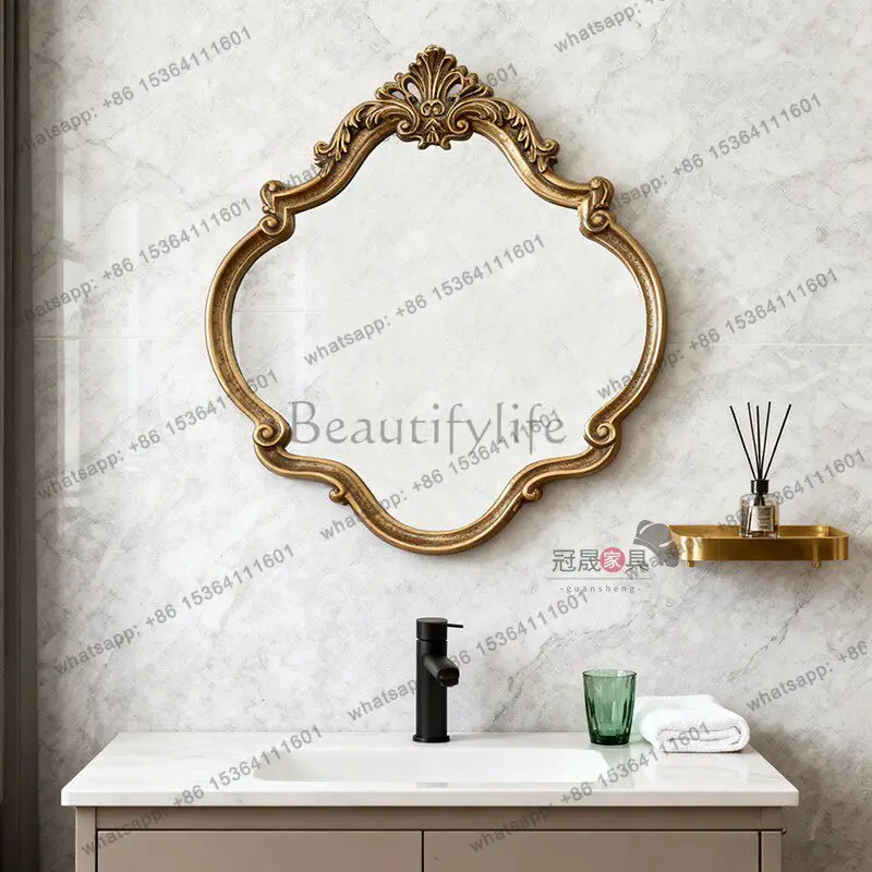 

European retro bathroom mirror wall hanging carved bathroom living room entrance fireplace decorative mirror