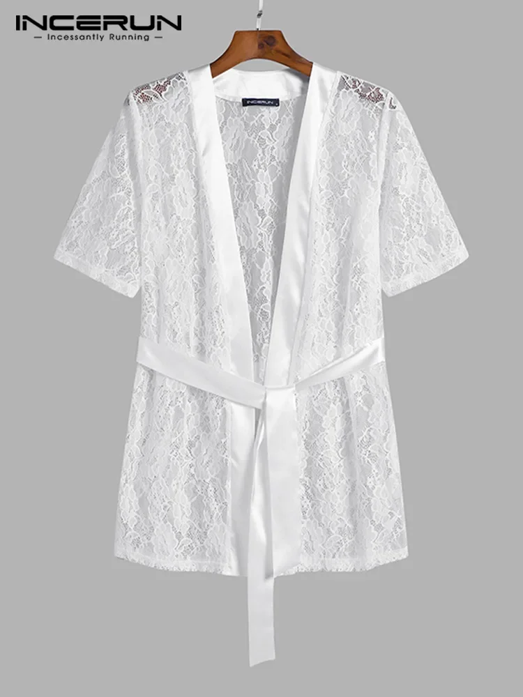 INCERUN Men Mesh Robes Lace See Through Short Sleeve Lace 2023 Sexy Bathrobes With Belt Leisure Men Nightgown Homewear S-5XL