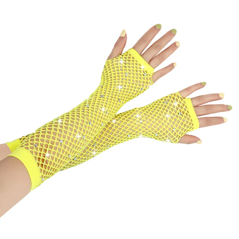 Women Shiny Rhinestone Long Fishnet Net Gloves Fingerless Arm Sleeve Sexy Mittens Punk Rock Mesh Night Club Performance Arm Cuff