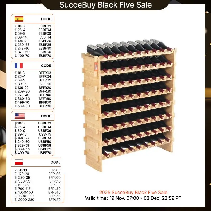 SucceBuy-botellero Modular mejorado para 72 botellas, botellas de Pinot, suelo de madera de bambú de 8 niveles, soporte independiente para vinos, bodega de cocina