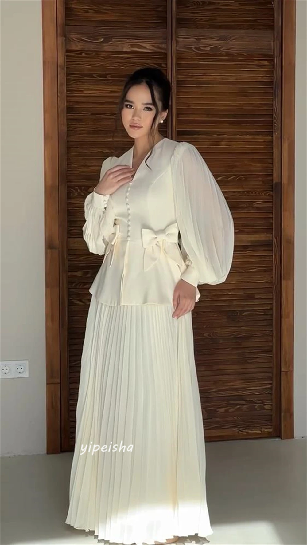 Jiayigong-Robe de soirée longue en jersey, vêtement de qualité supérieure, avec nœud papillon, coupe trapèze, col en v, sur mesure