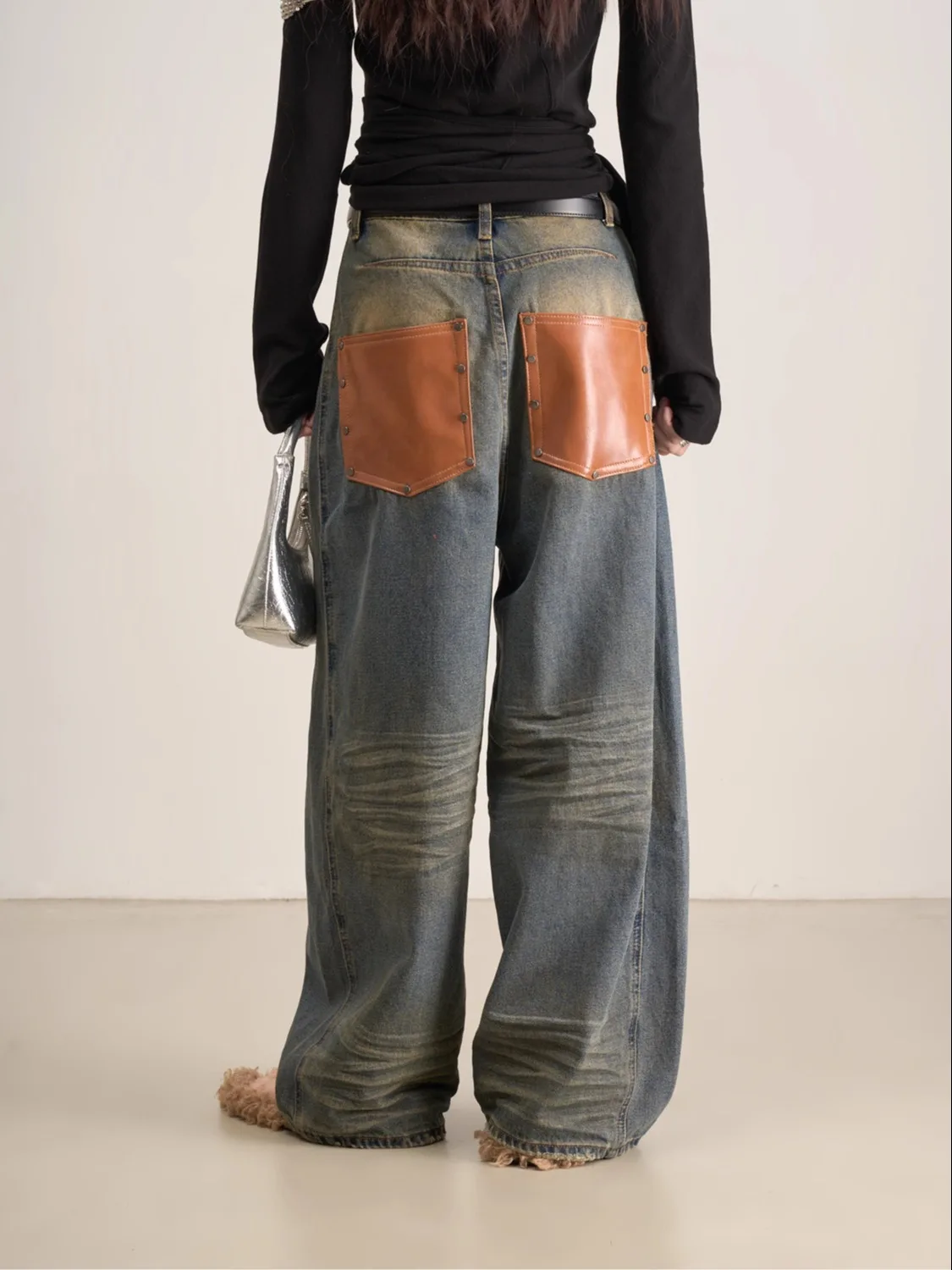 

Джинсы LANVIVIER Aalyptic Soil Waed Deep Blue с контрастными карманами из карамельной кожи, широкие, в пол, женские, модные