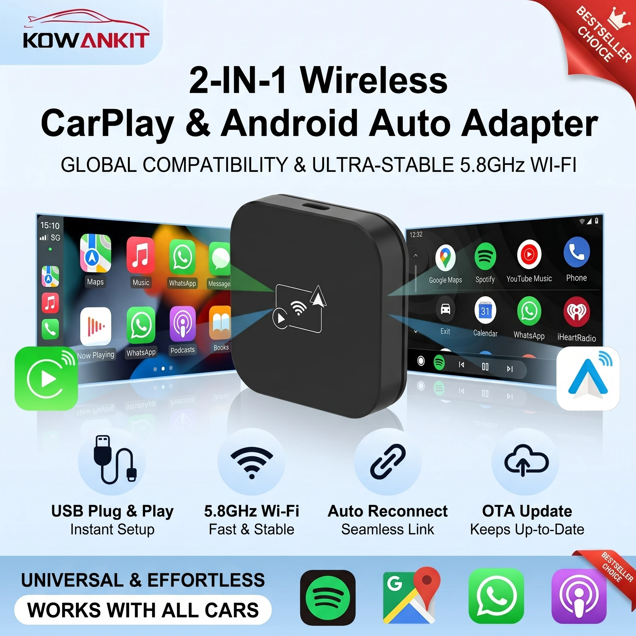 2026 Wireless CarPlay Dongle Android Auto 2 in 1 Wired to Wireless Adapter Plug & Play 5G Low Delay for VW Toyota Nissan Honda